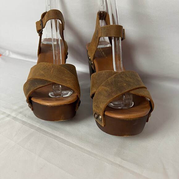 Mila Paoli Brown Distressed Leather Chunky Block Heel Sandals Size 8.5 - Picture 2 of 8